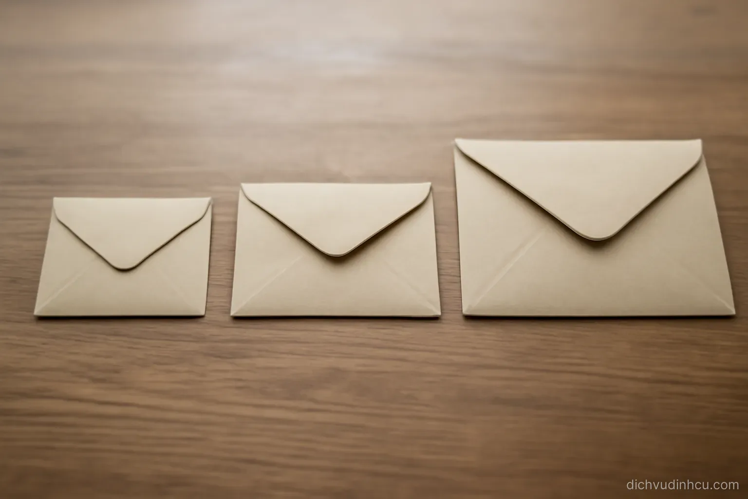 three differently sized envelopes laid out in a row on a table, each sealed and unmarked