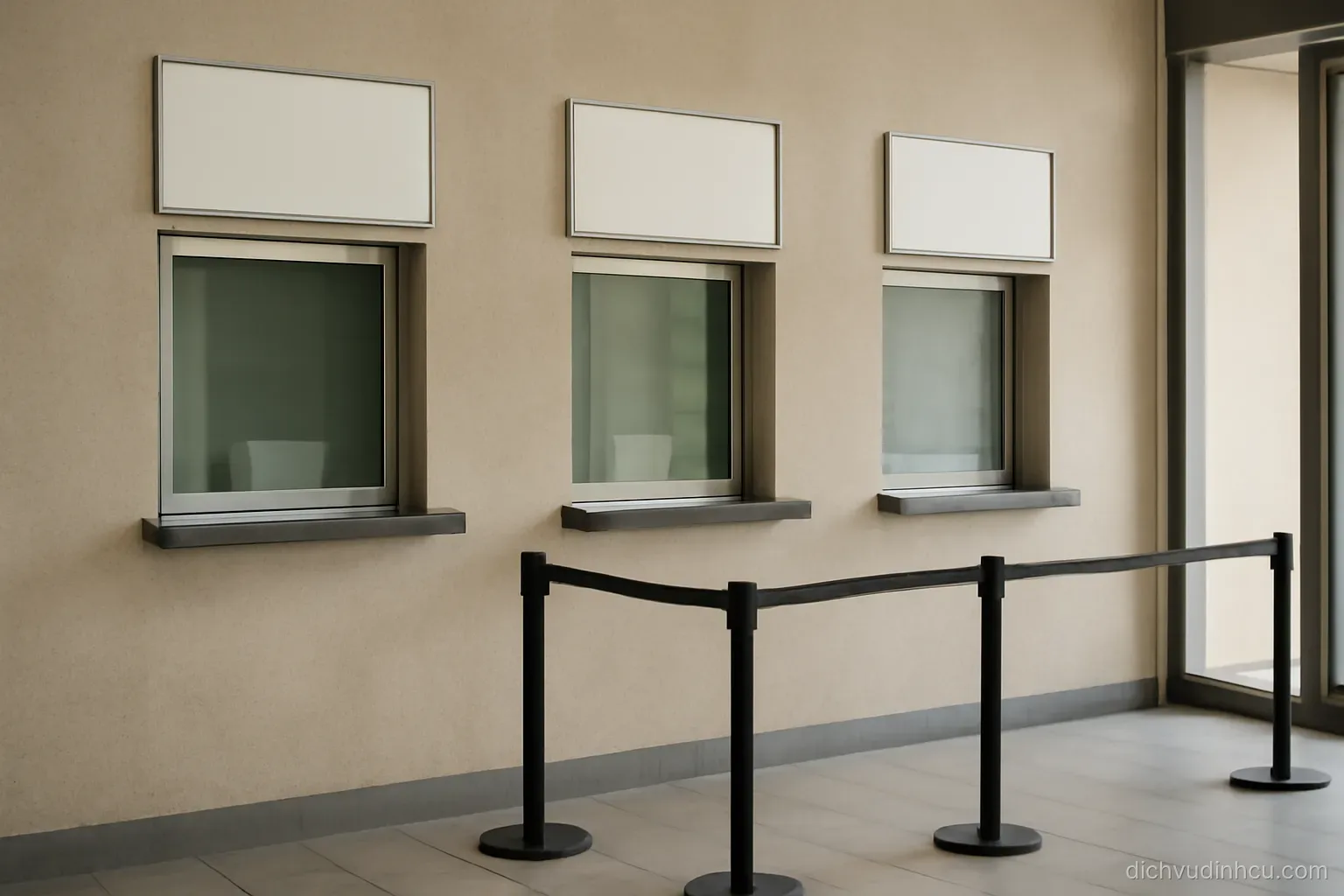 three separate reception windows in a public building, all closed, with a rope barrier in front