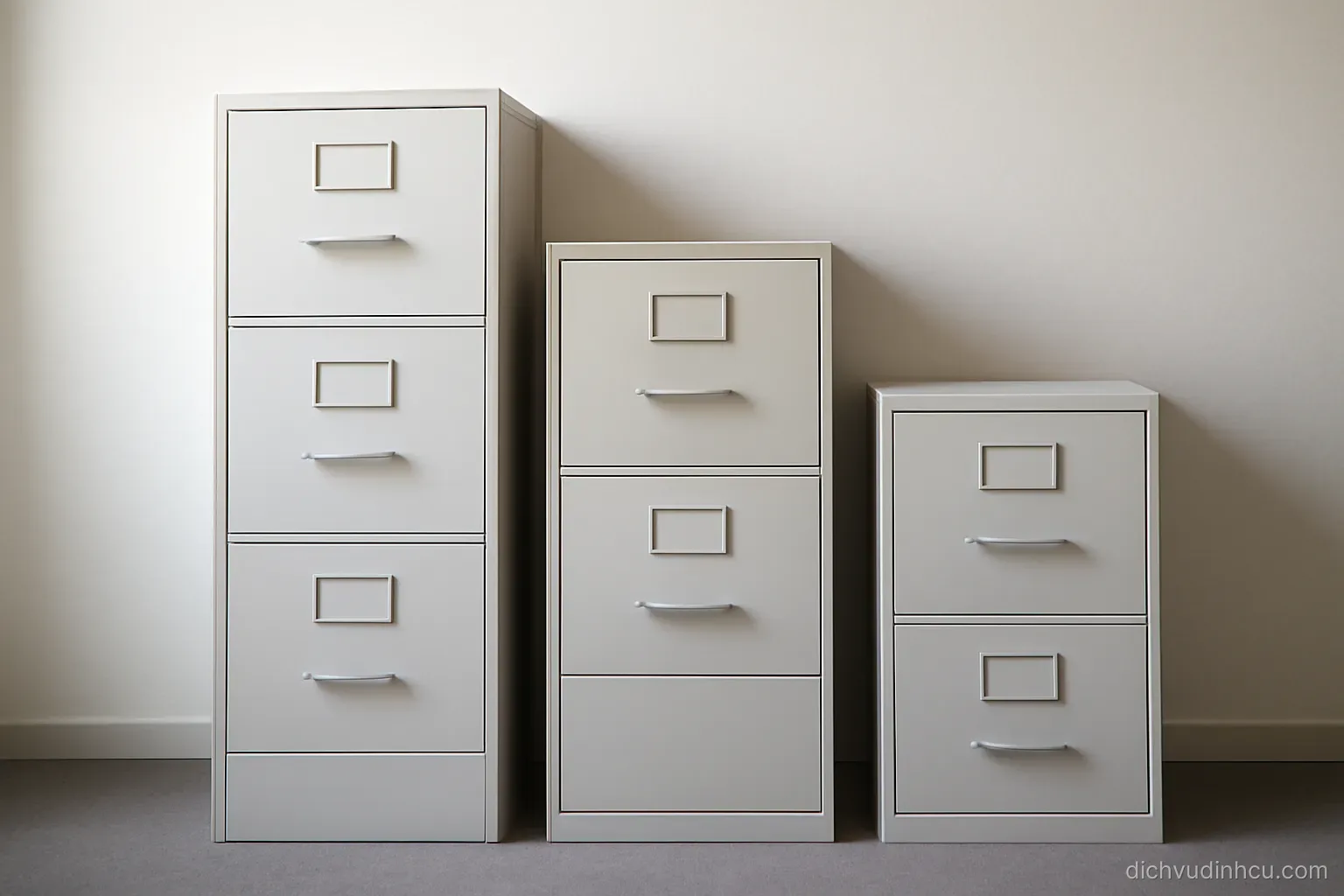 three plain filing cabinets of different heights standing side by side against a bare office wall