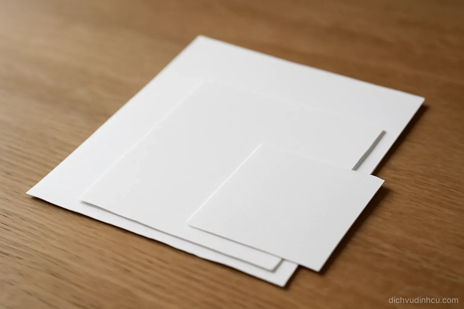 three sheets of paper of different sizes stacked so each edge is visible on a plain wooden surface
