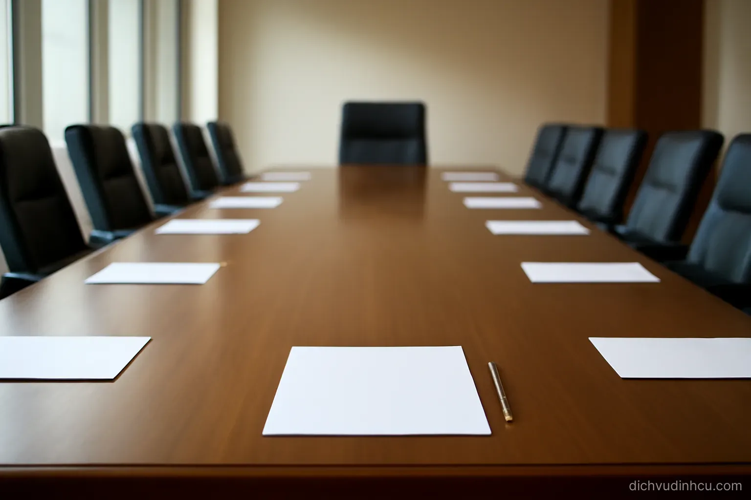 a long committee table with chairs on both sides and a single empty chair at the head facing the rest