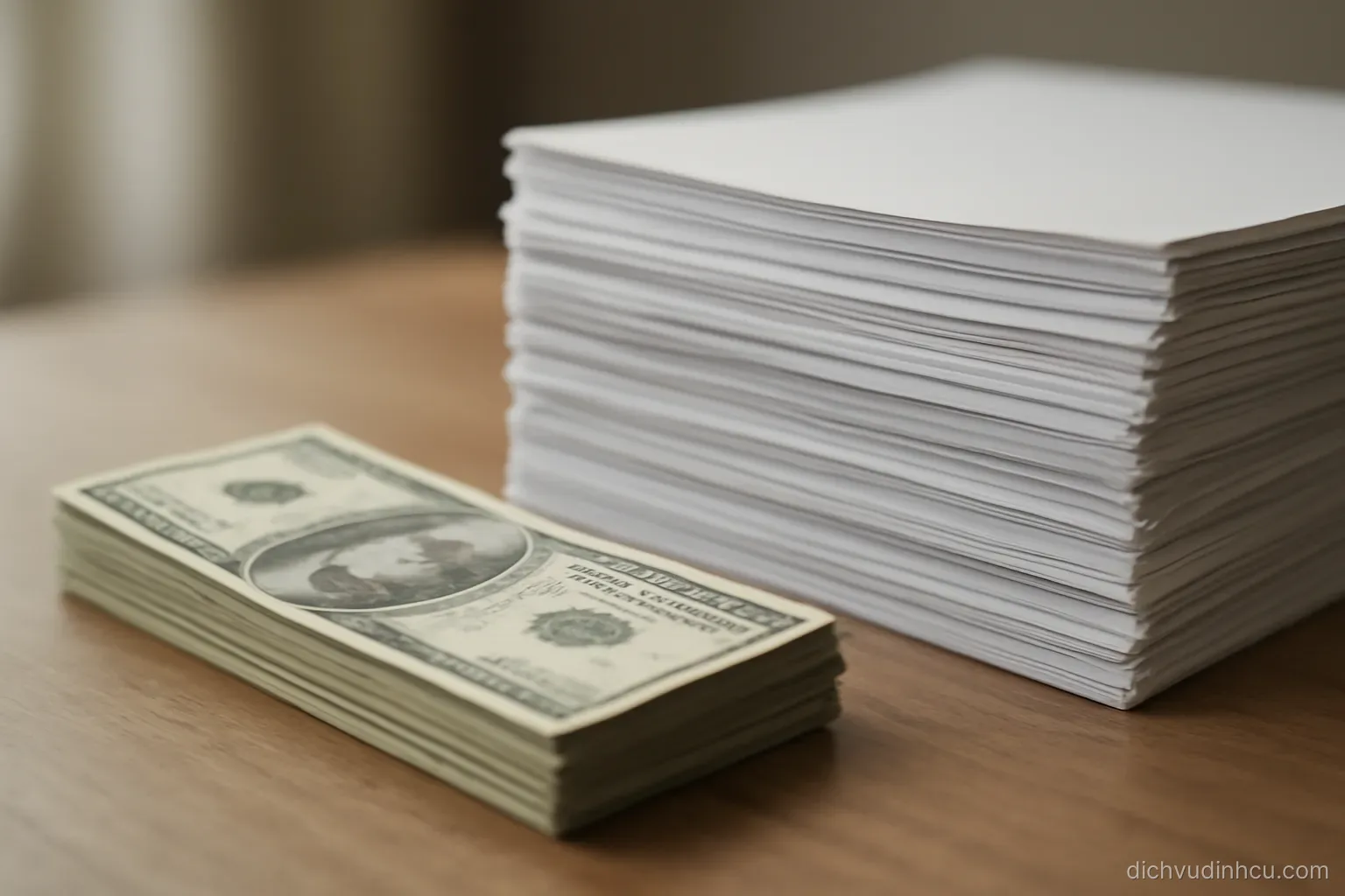a small pile of banknotes next to a much larger stack of papers on the same tabletop