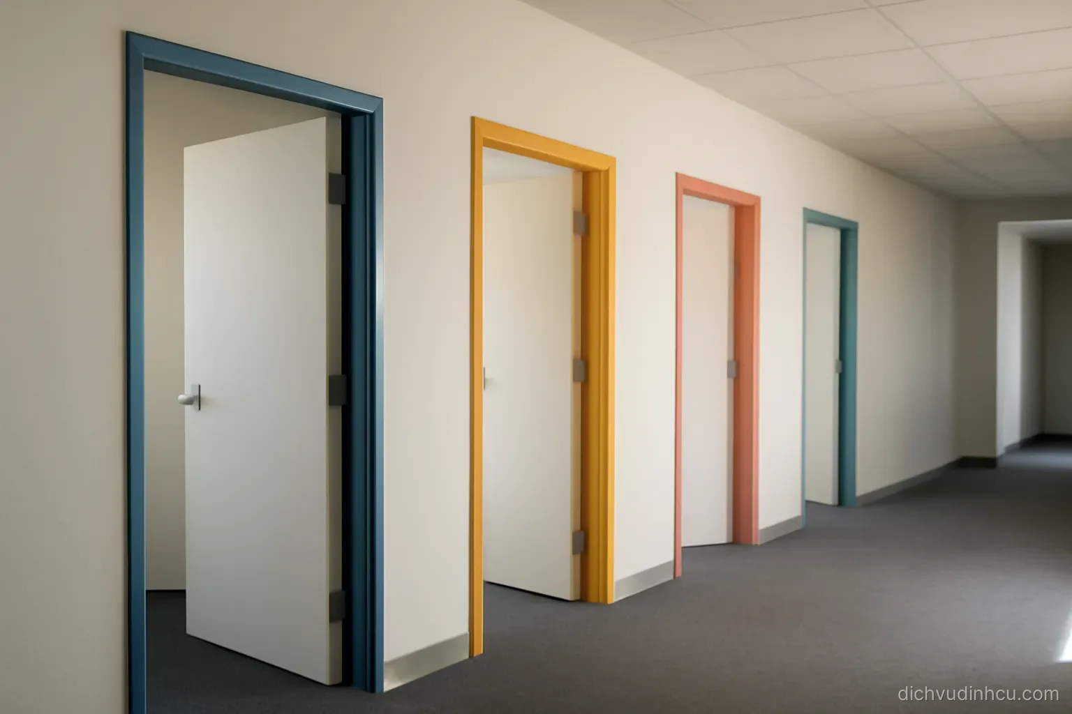 four separate office doorways along a corridor each with a different coloured frame and no signage
