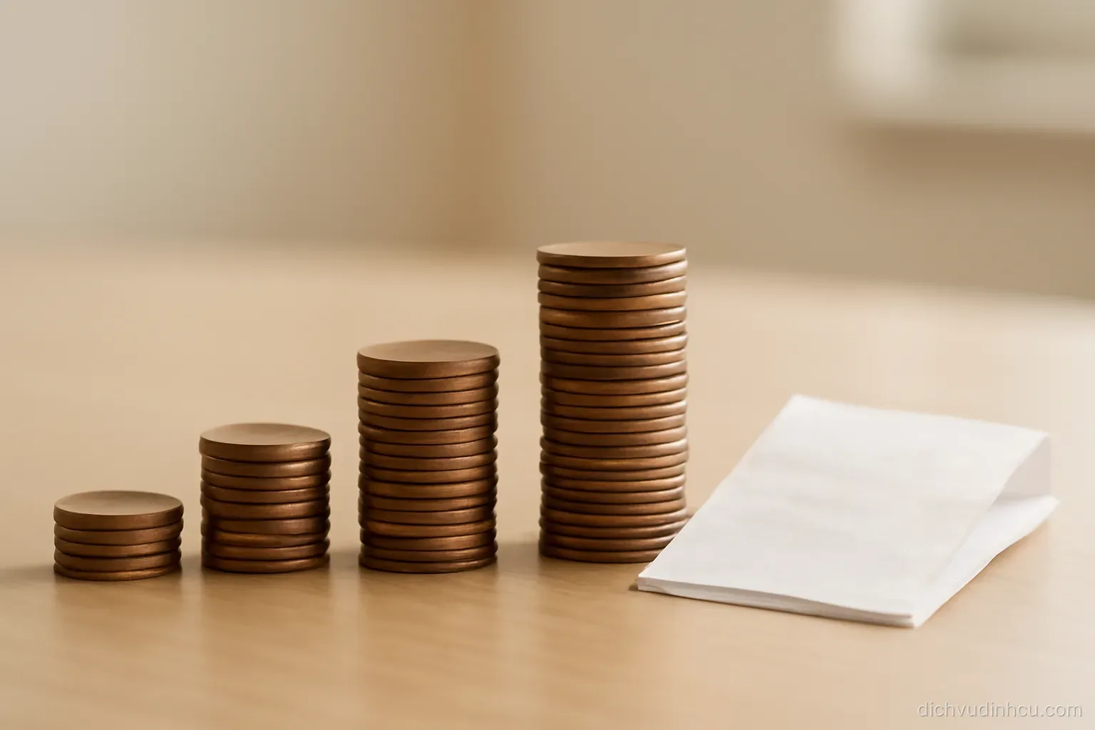 four small stacks of coins of different heights lined up on a plain desk beside a folded receipt