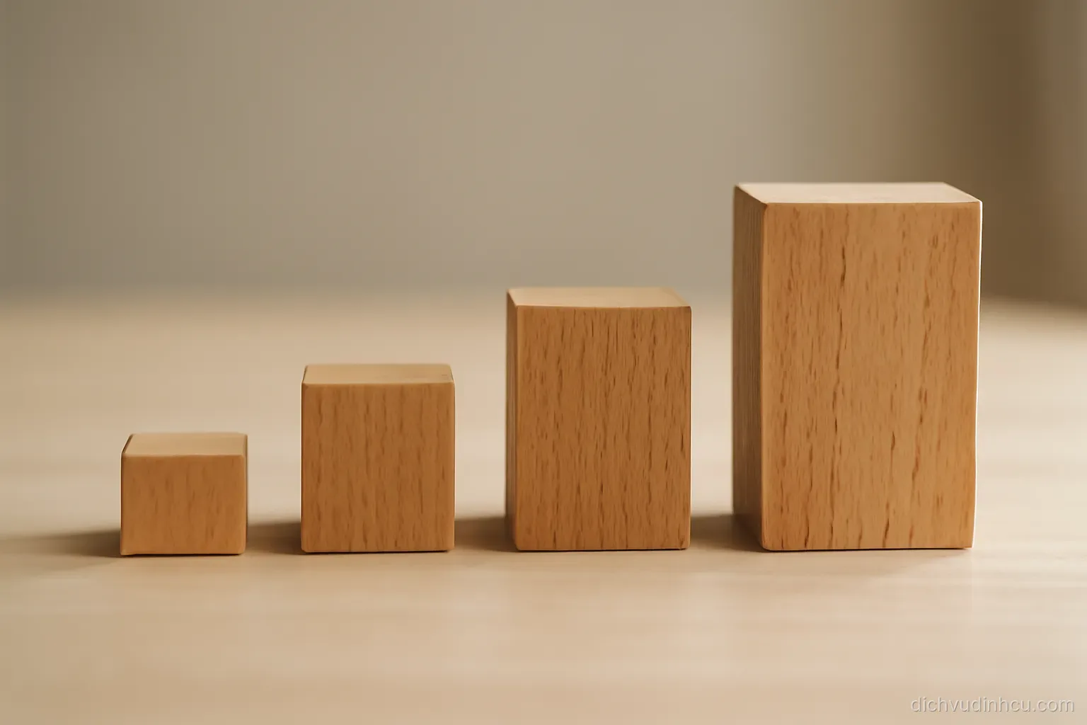 four wooden blocks of different sizes arranged in a line on a plain table seen from the side