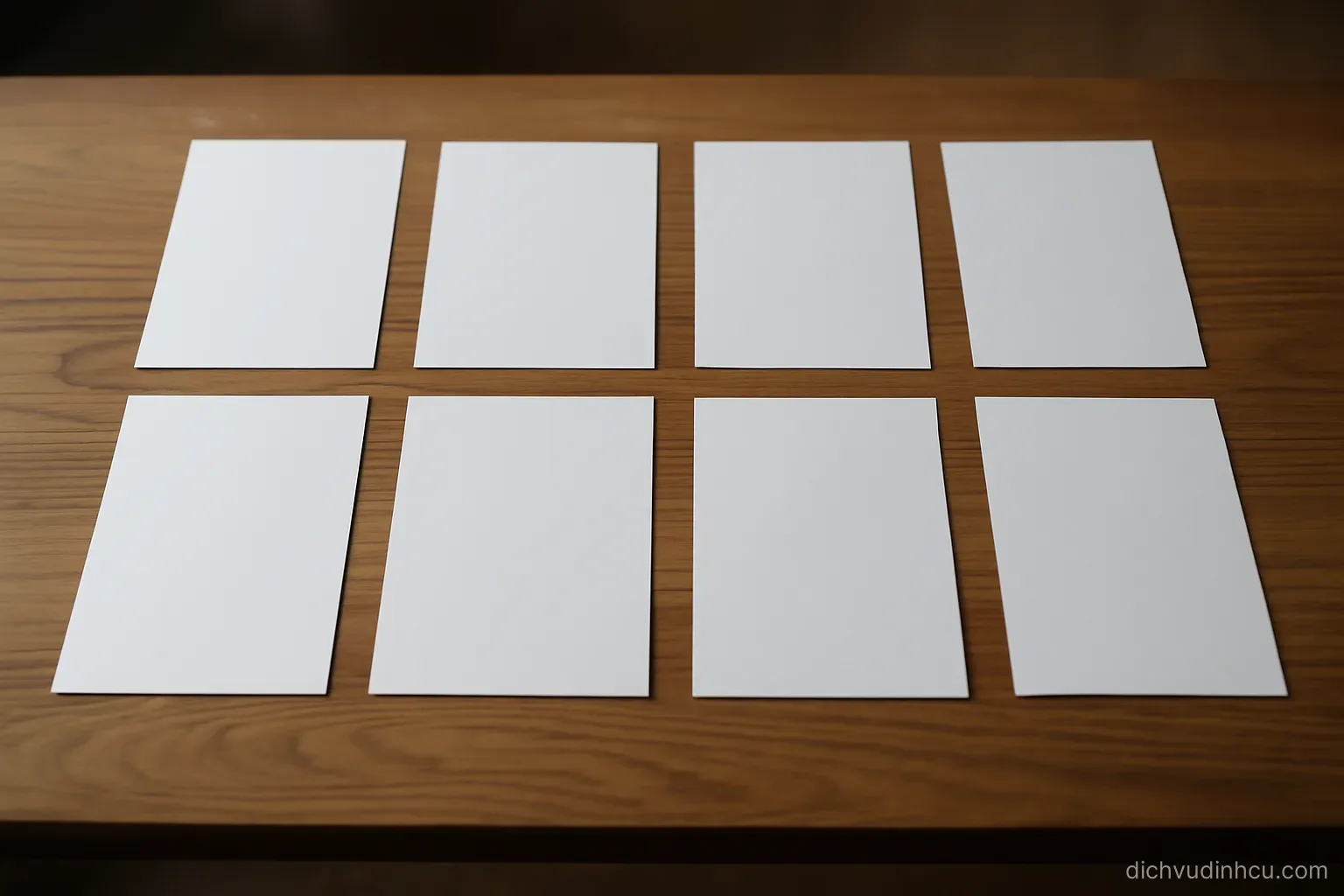 a wide table seen from above with eight sheets of paper laid out in two neat rows of four