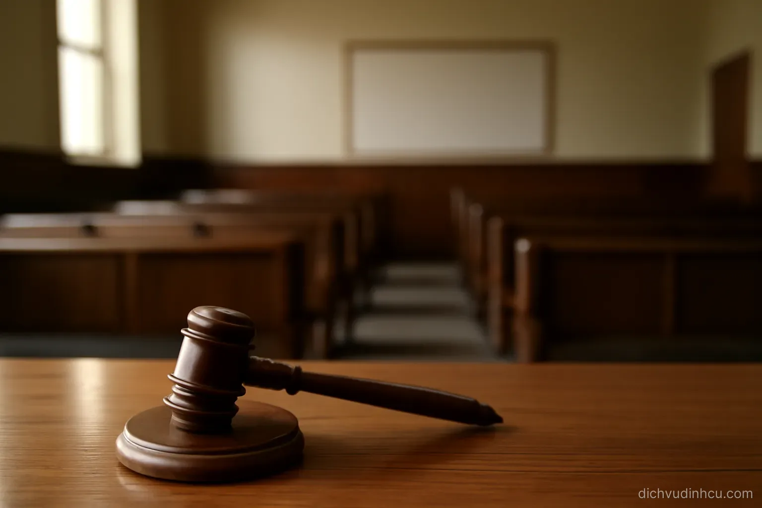 a gavel resting on an empty bench in a quiet hearing room with rows of vacant seats behind