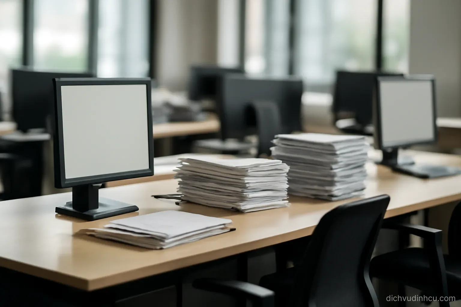 a row of desks in an open office where each desk holds a different stack of paperwork and no people are present