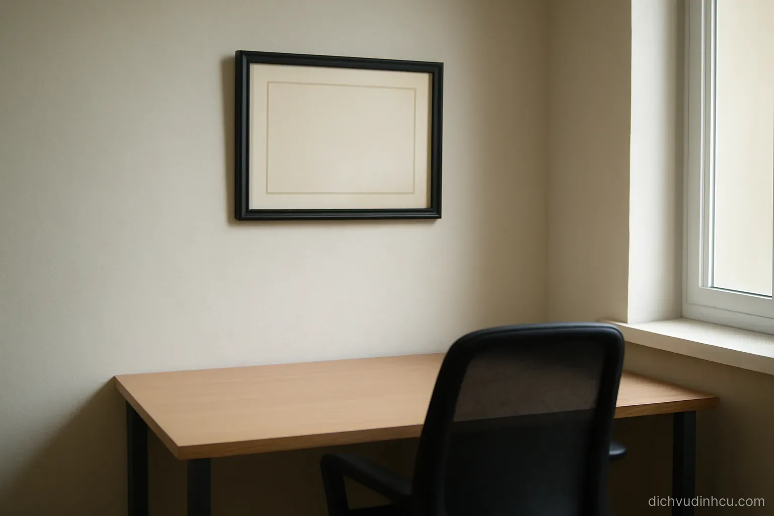 a framed certificate hanging slightly crooked on an office wall above an empty desk and chair
