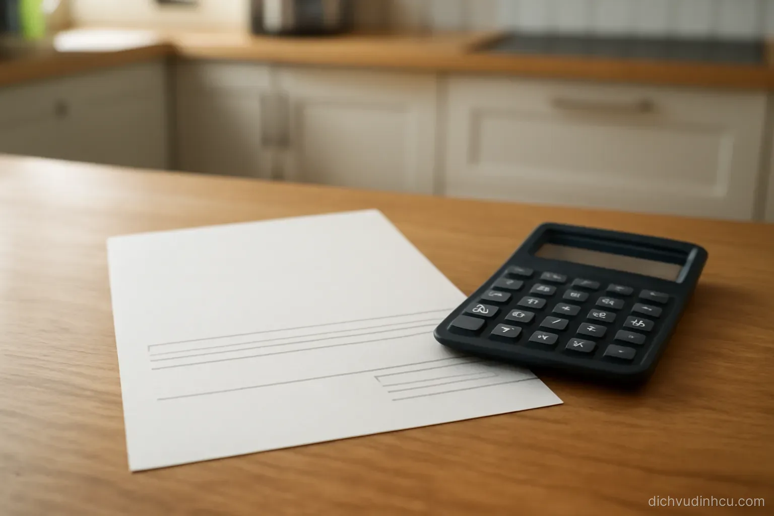 a bill with several added lines at the bottom lying on a kitchen table beside a calculator