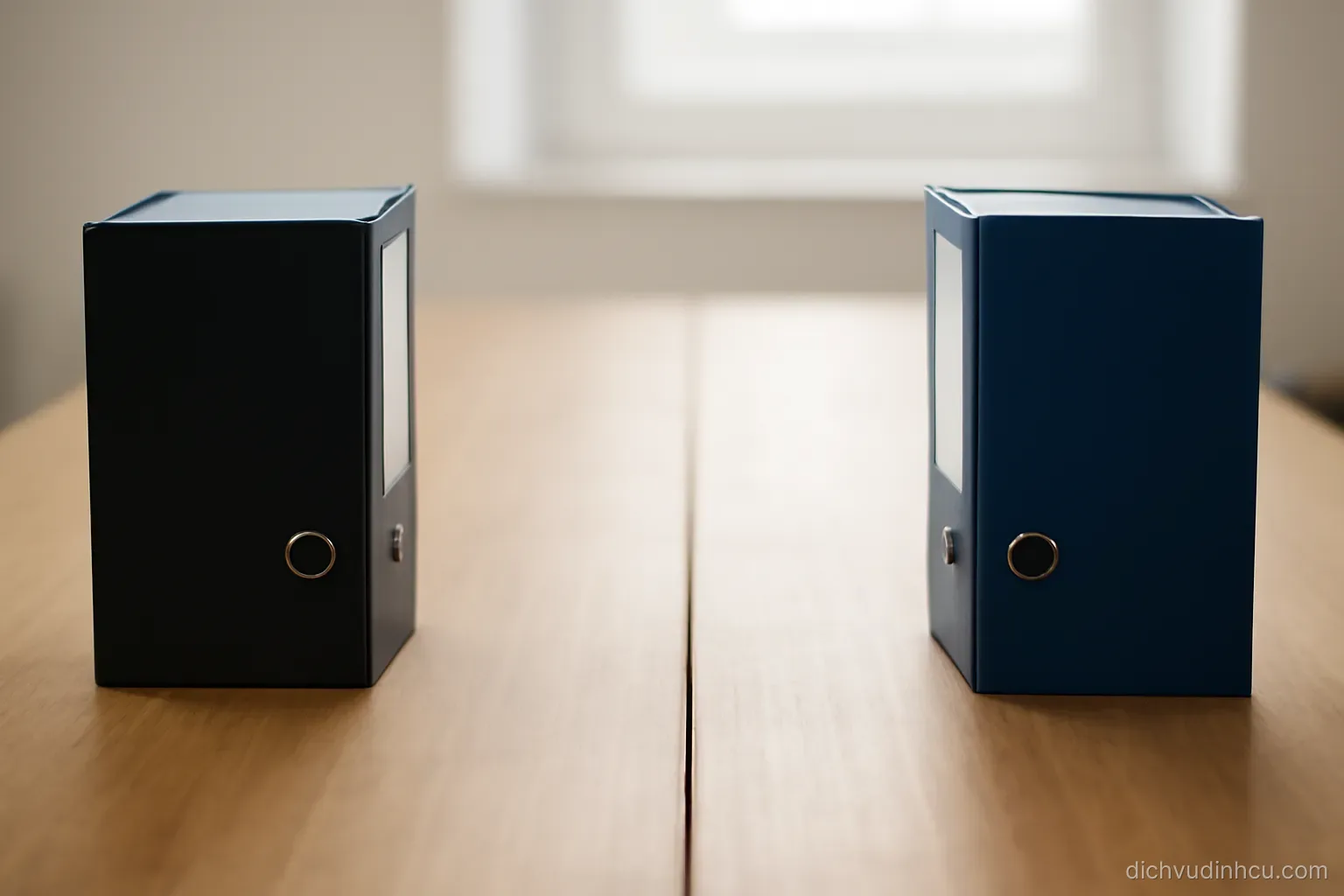 two office folders sitting on opposite ends of a long table with a thin gap of bare wood between them