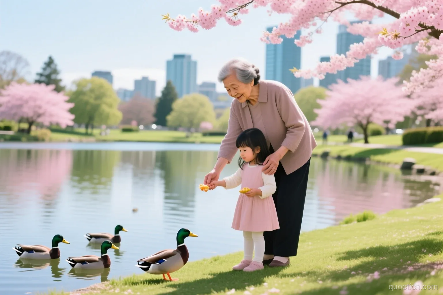 Vietnamese grandmother holding hands with her small granddaughter while feeding ducks beside a calm pond in a sunny Vancouver park with cherry blossoms, medium shot, soft pink and fresh green