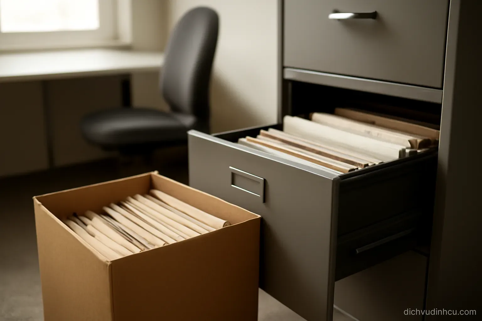 a half packed box of files beside an open cabinet drawer in a tidy office with no one present
