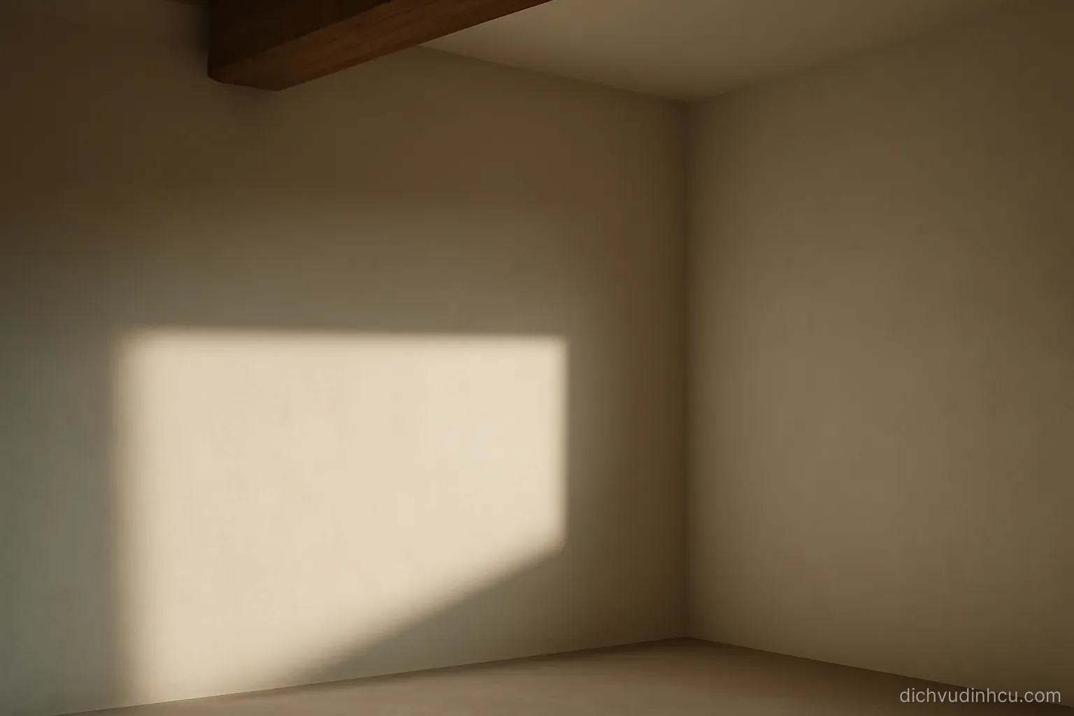 a ceiling beam casting a horizontal shadow across a plain wall in an otherwise empty room