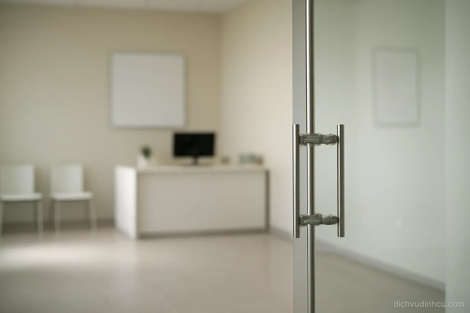 a clear glass door with a simple handle standing open onto a plain and well lit reception area