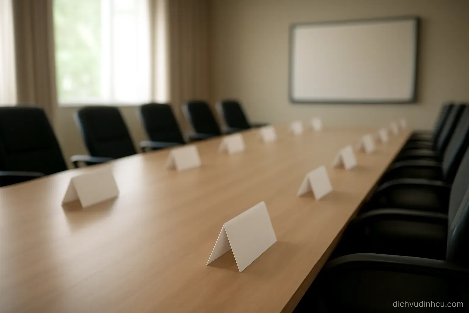 an empty meeting hall with a long table and name card holders standing blank along both sides