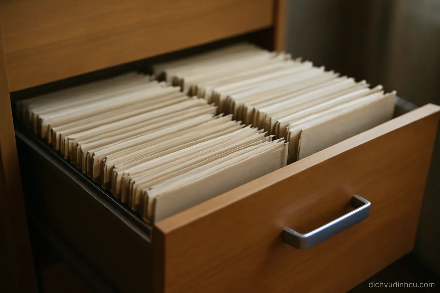 a cabinet drawer pulled open showing tightly packed file dividers with no labels visible on them