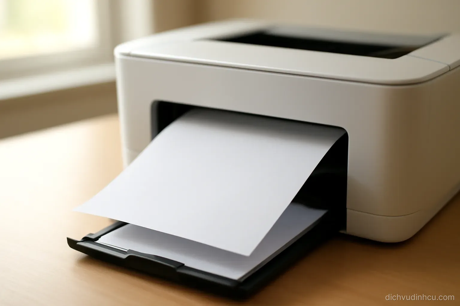 a document half fed into a printer that has stopped, with the remaining sheets still in the tray