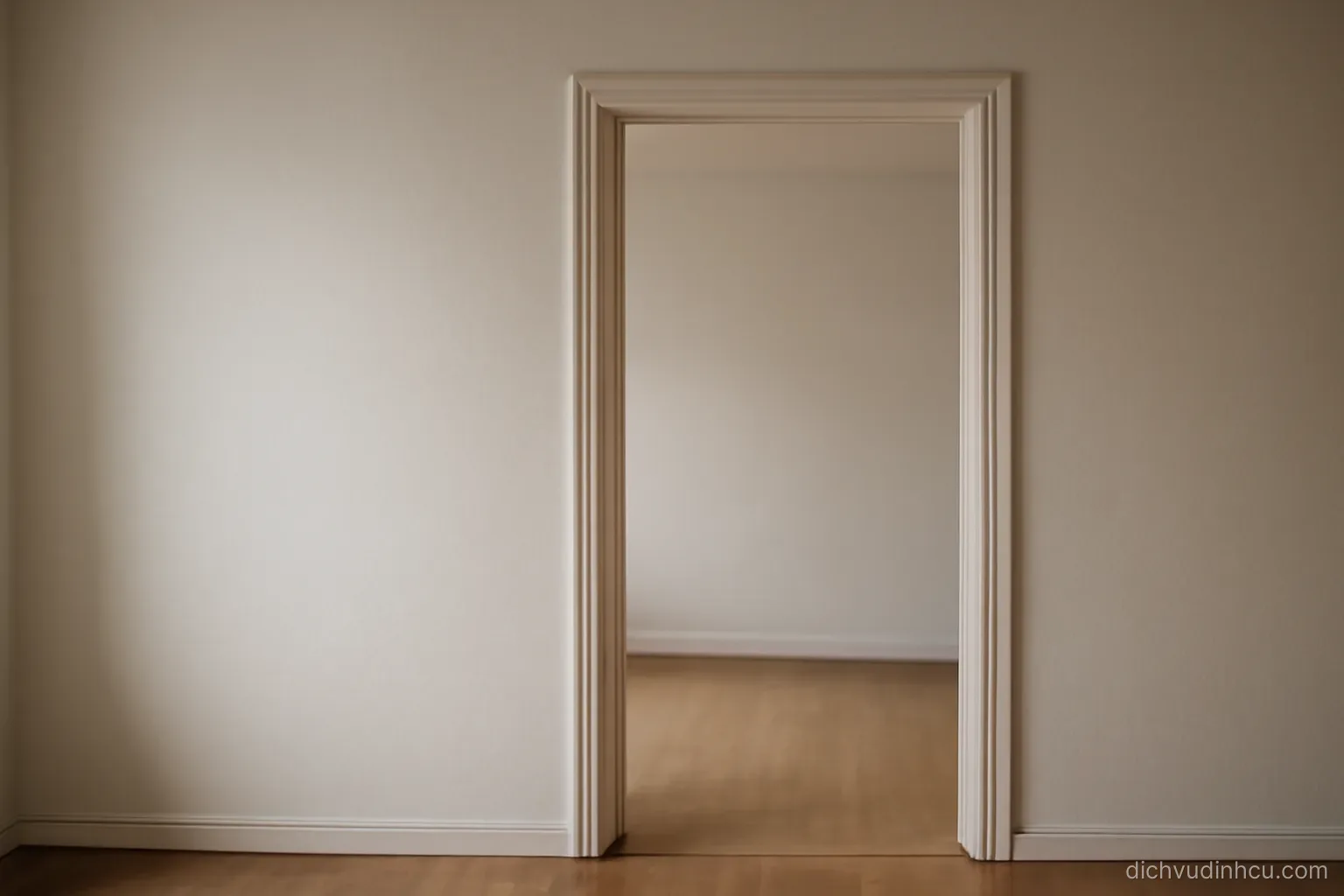 a wall with a doorway that has no door in the frame, seen from inside a bare and evenly lit room