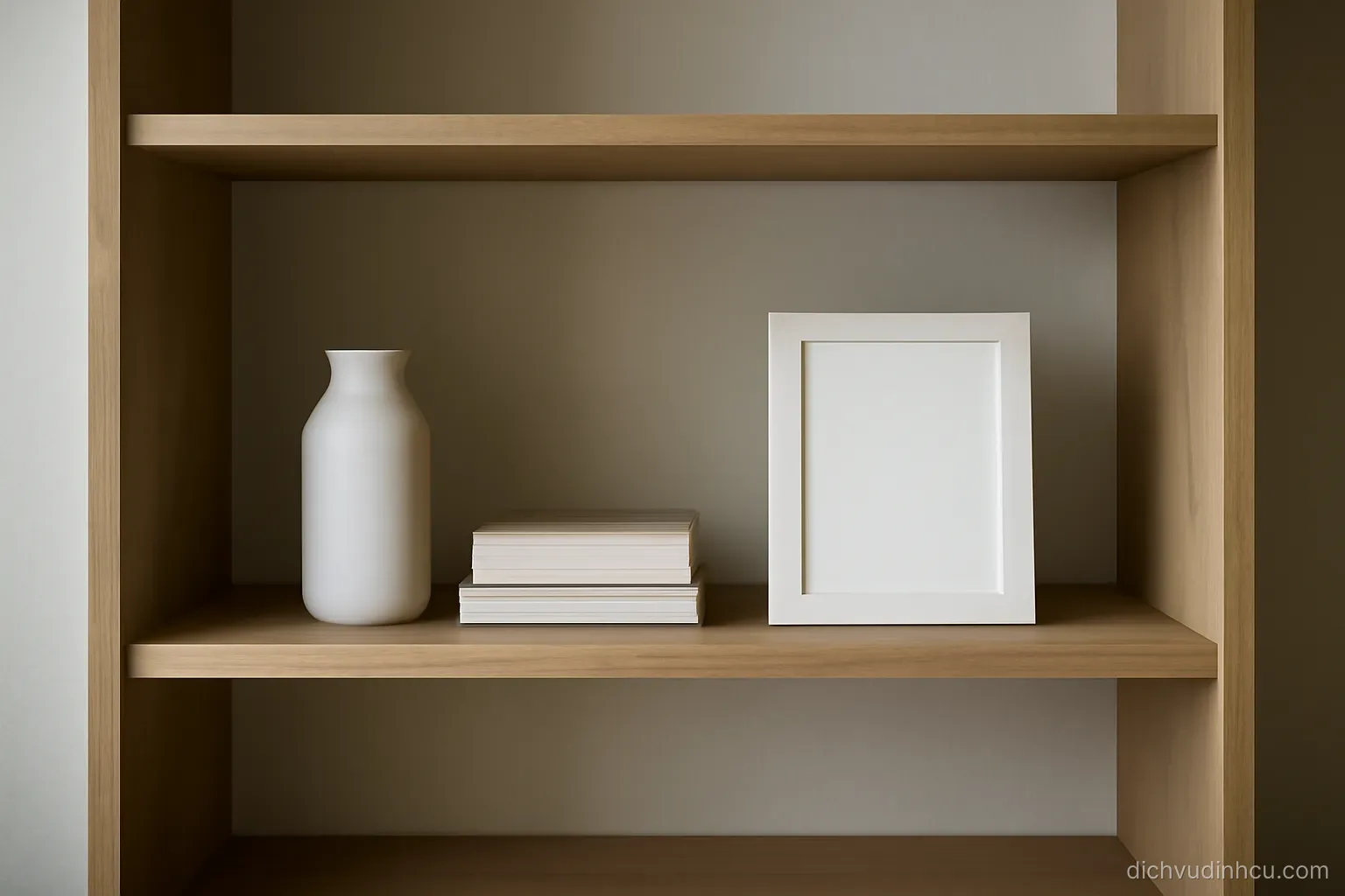 a set of shelves where only the middle shelf holds items and the ones above and below sit empty