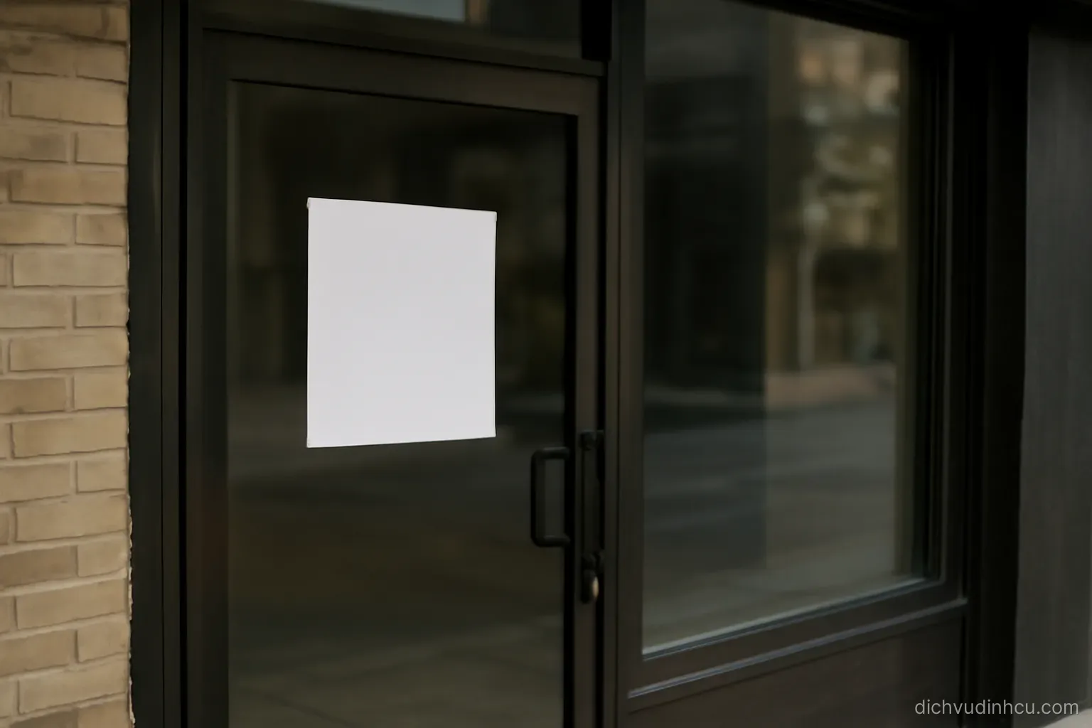 a shop front with the lights off and a plain paper sign taped inside the glass door facing out
