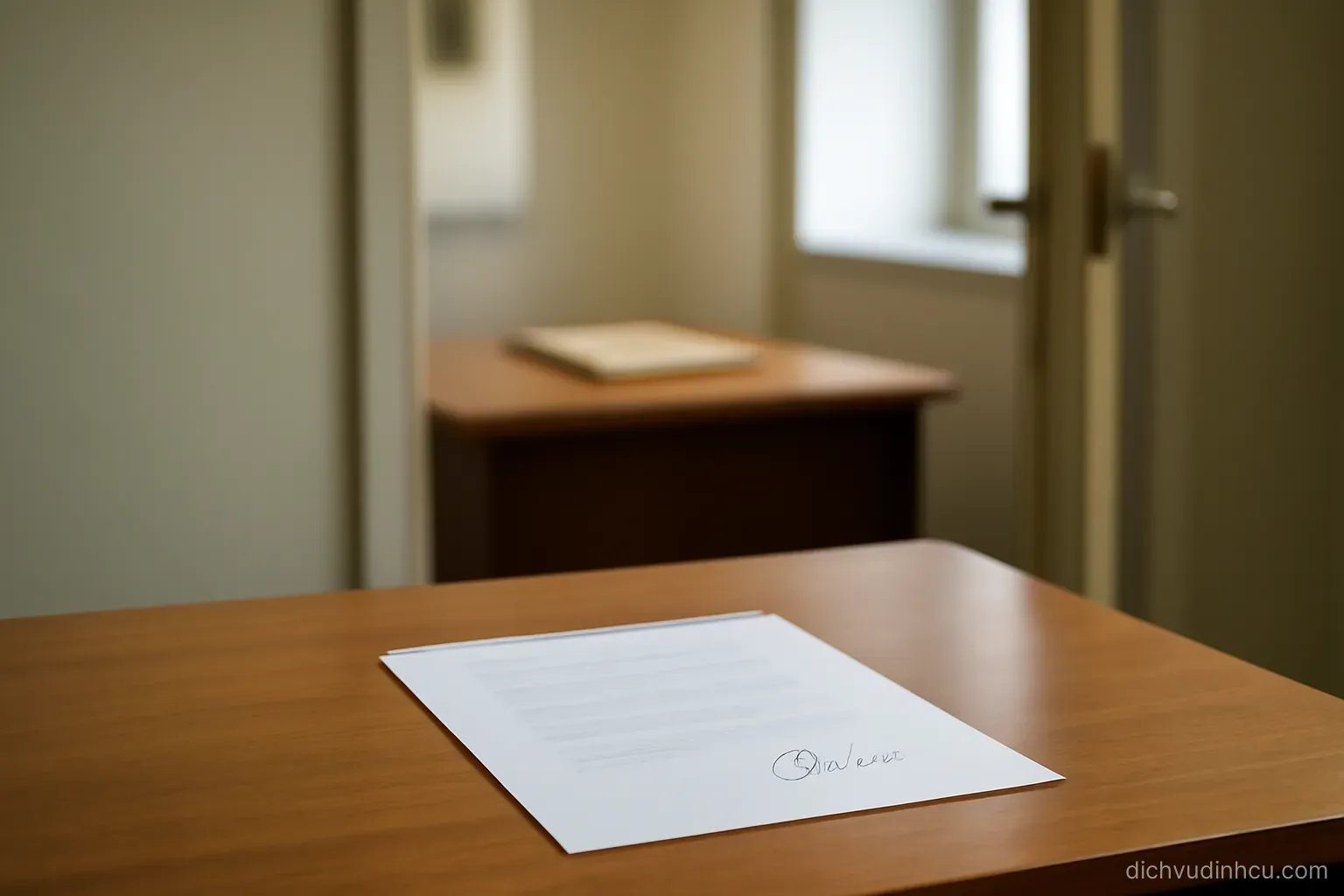 a signed page on one desk and an unopened folder on a second desk across a corridor visible through an open door