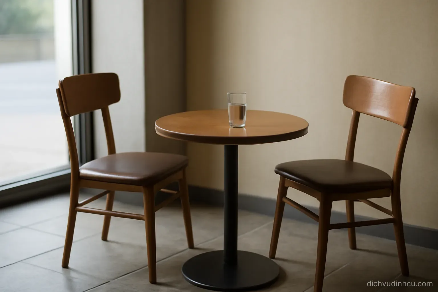 a small round table with two chairs in a quiet corner of a lobby, one glass of water left untouched
