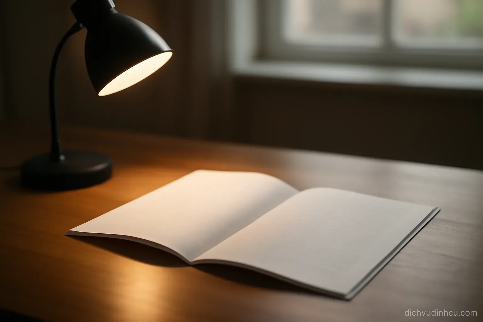 a contract folded open at a middle page on a desk with a lamp casting light across the text