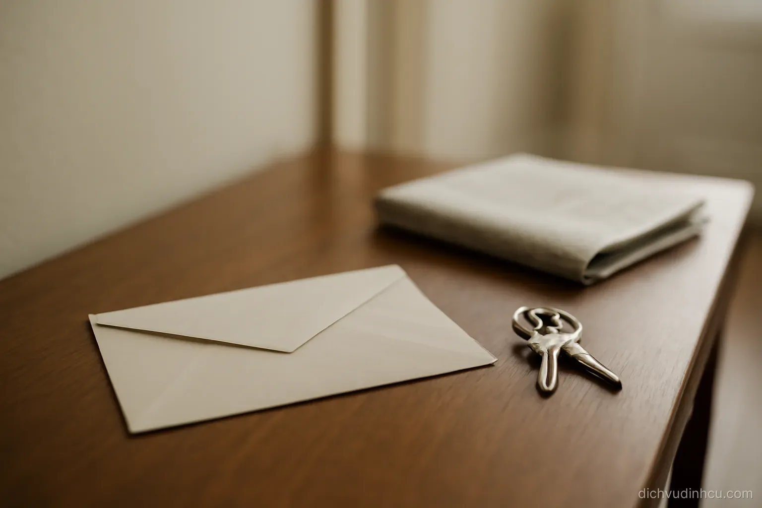 an unopened envelope left on a hallway table beside a set of keys and a folded newspaper