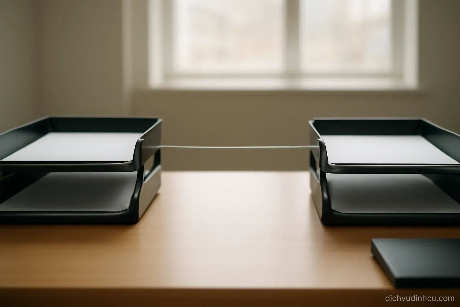 two filing trays on separate desks connected by a length of string stretched across the gap between them