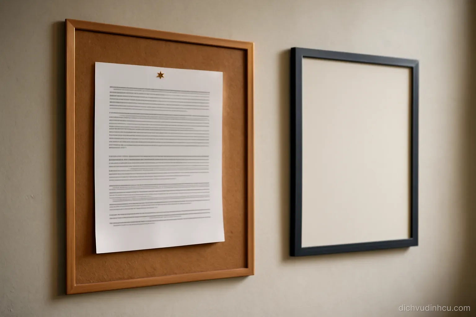 a printed page of regulations tacked to a corkboard next to an empty poster frame on a wall