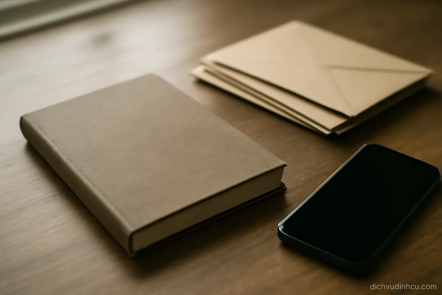 a thin bound rulebook lying closed on a desk beside a phone and a stack of unopened envelopes