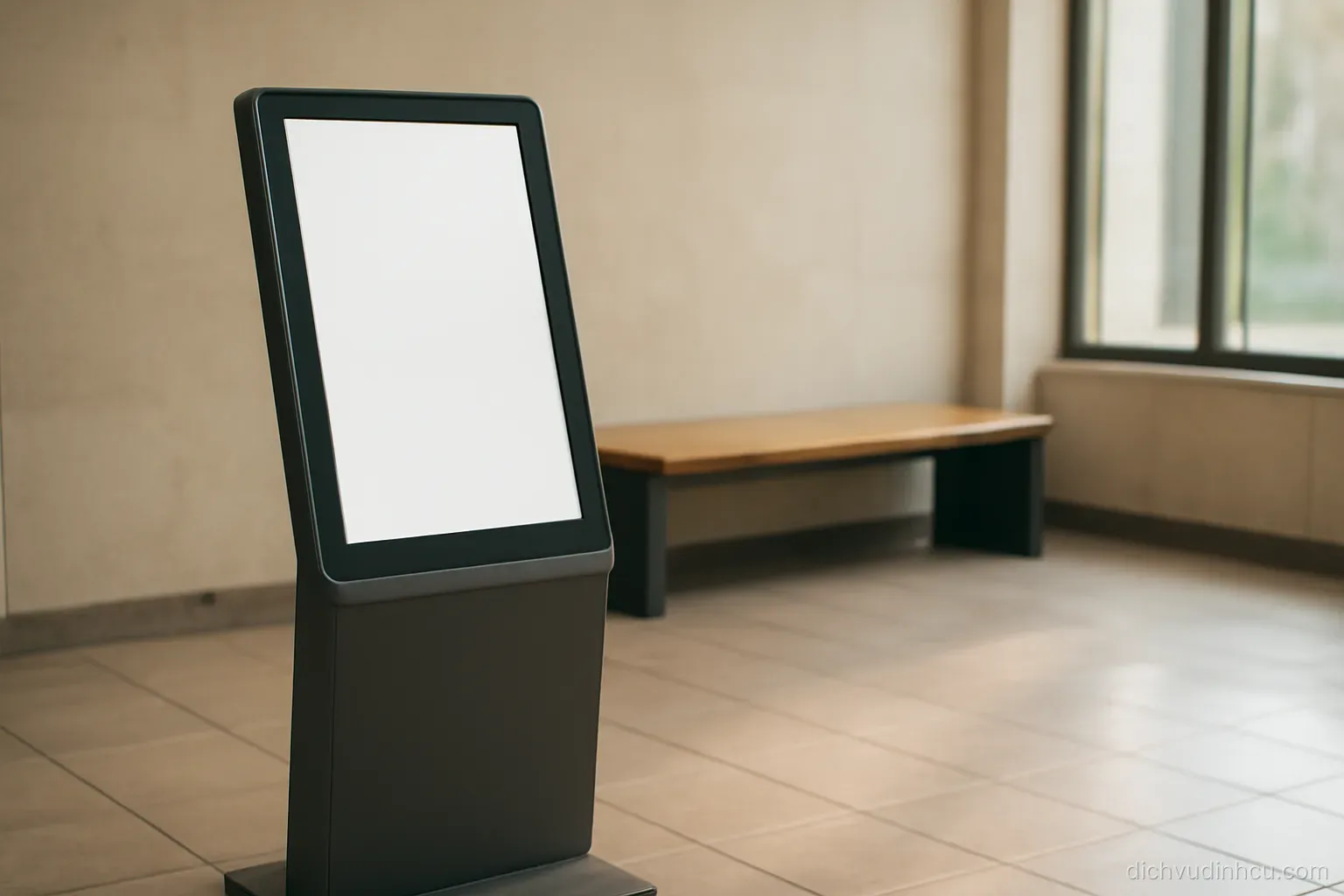a public information terminal standing in a quiet lobby with a blank screen and a bench nearby
