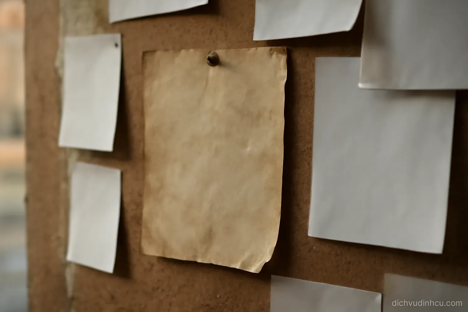 an old printed notice still pinned to a community board with newer papers overlapping its edges