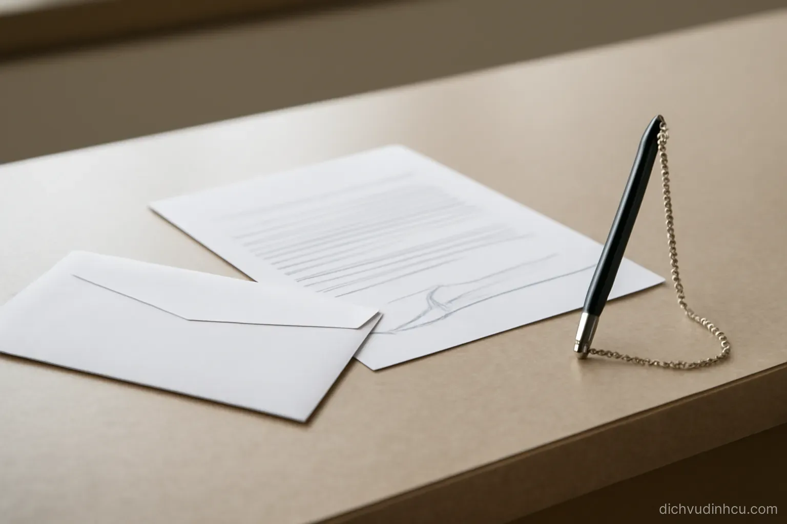 a bank envelope and a signed form resting on a counter with a pen chained to the surface beside them