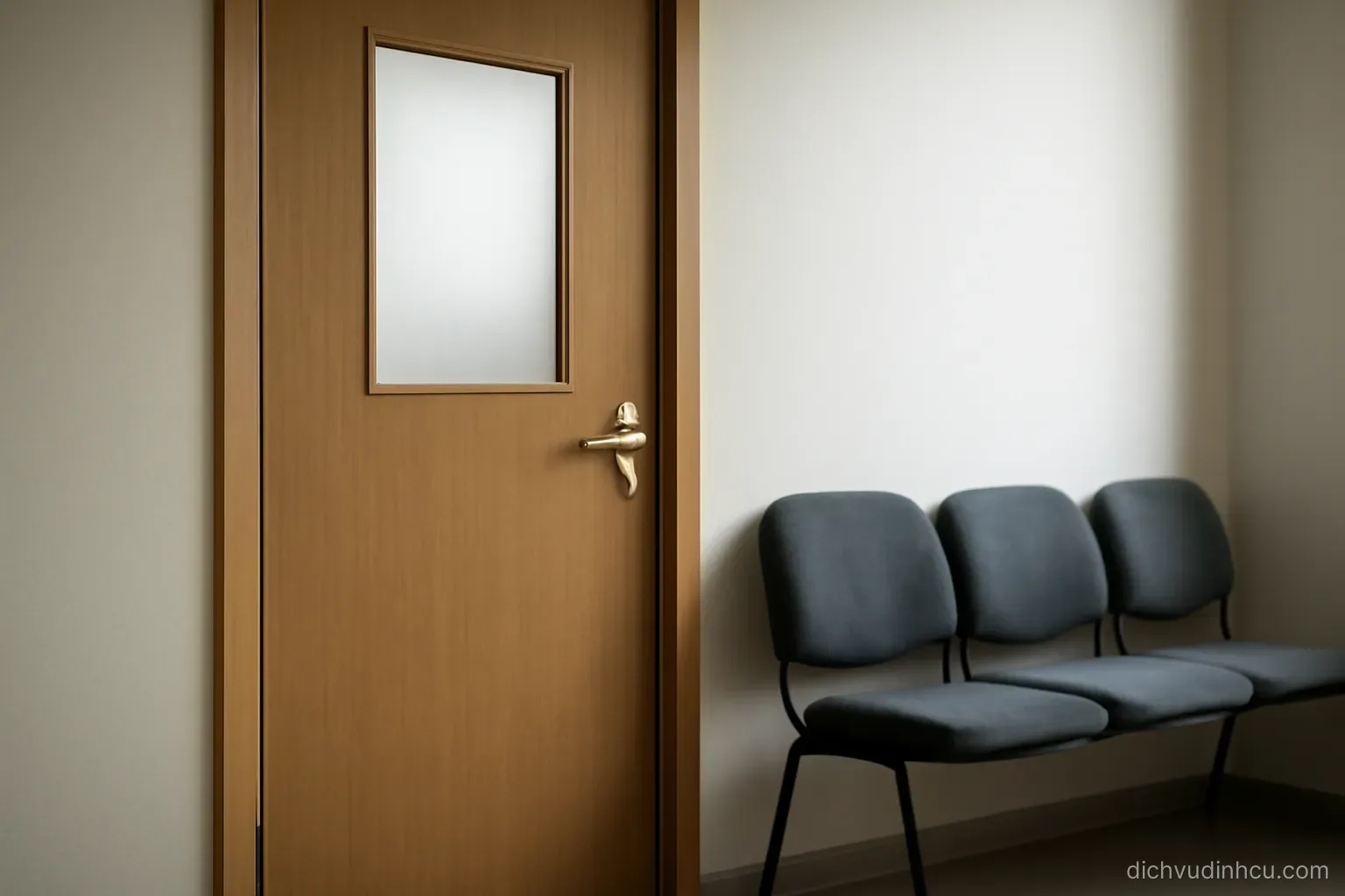 a closed office door with a small frosted glass panel and an empty waiting bench outside it