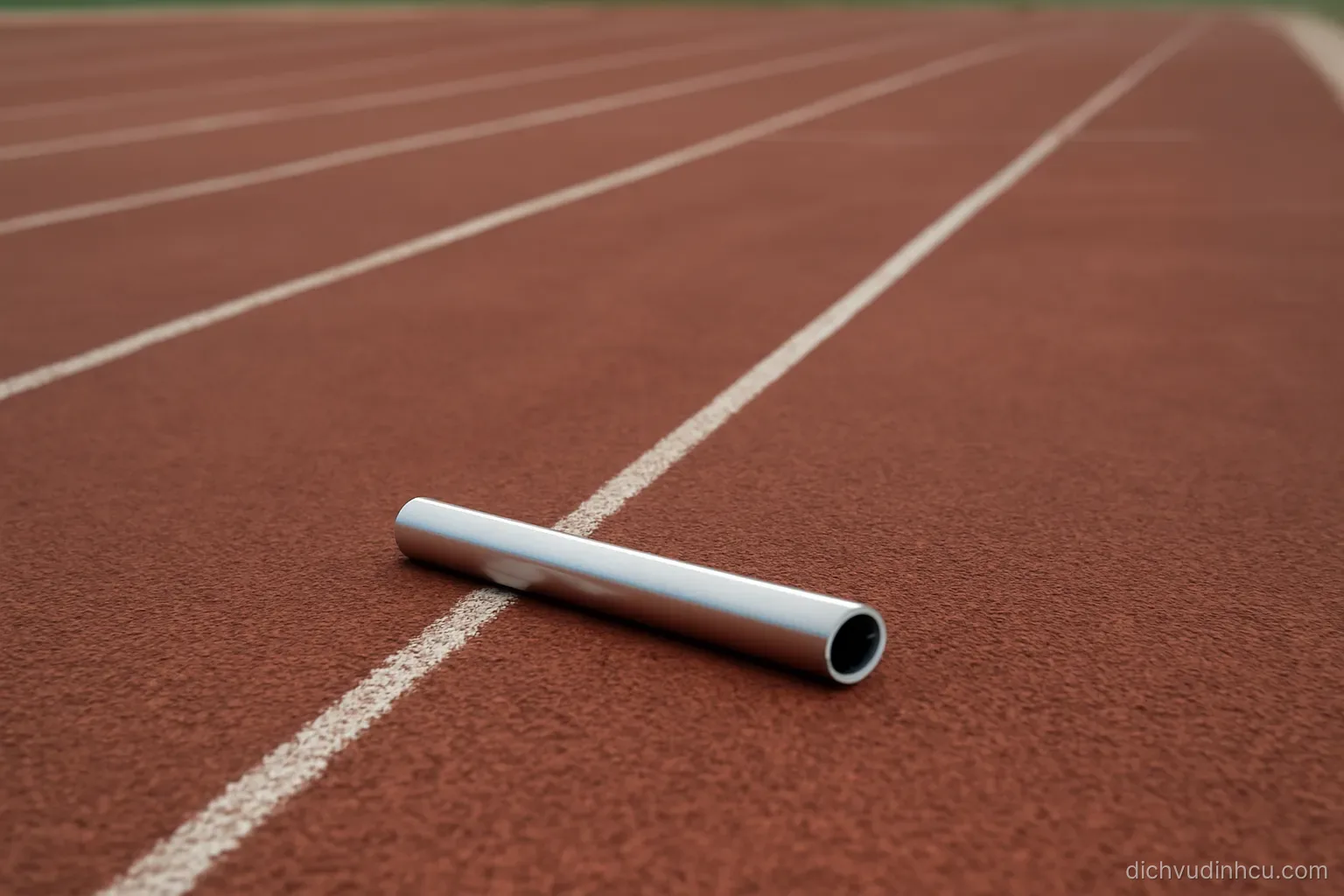 a relay baton left lying alone on an empty running track lane under flat overcast light