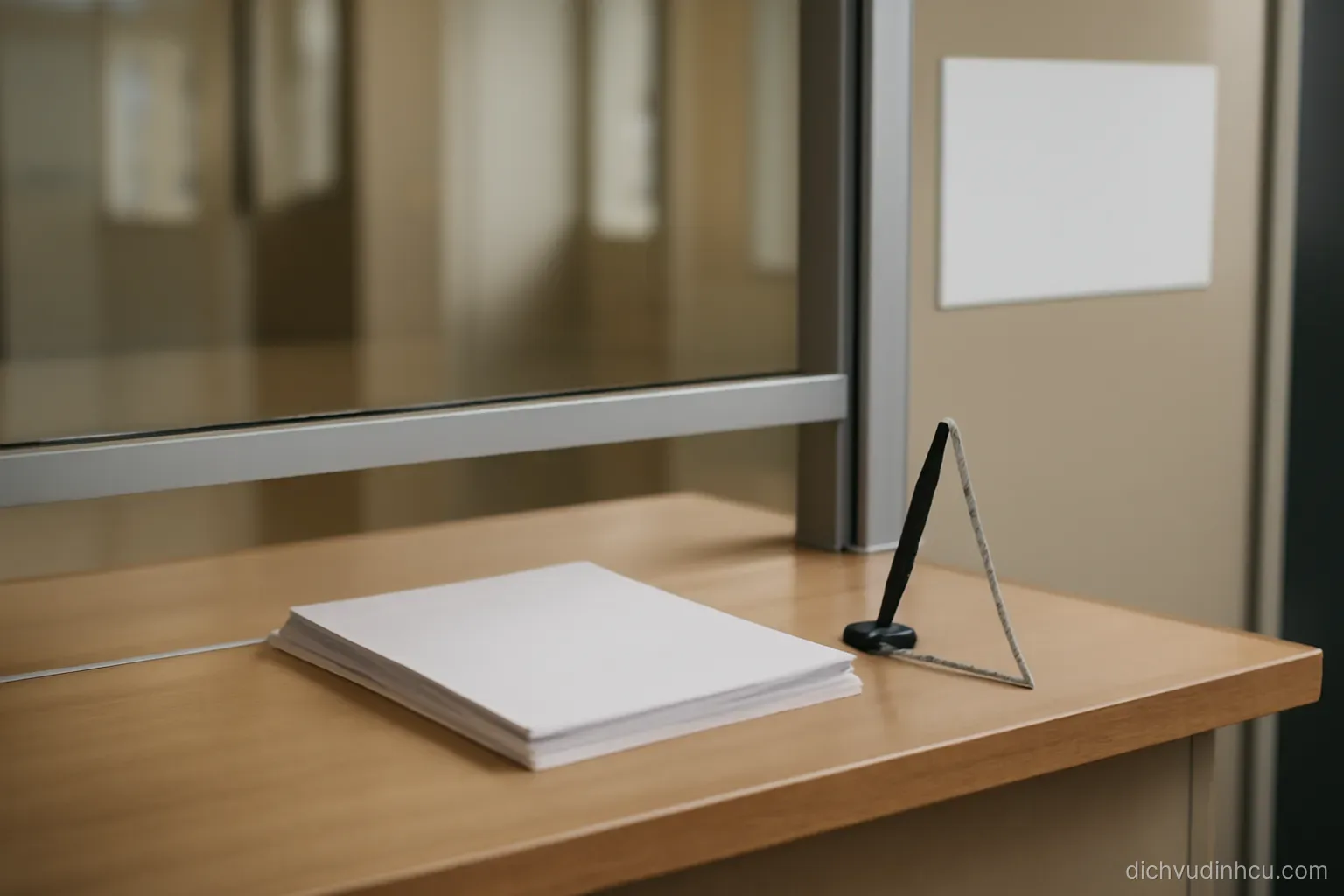 a public counter with a stack of blank forms and a pen on a chain, no one standing at the window