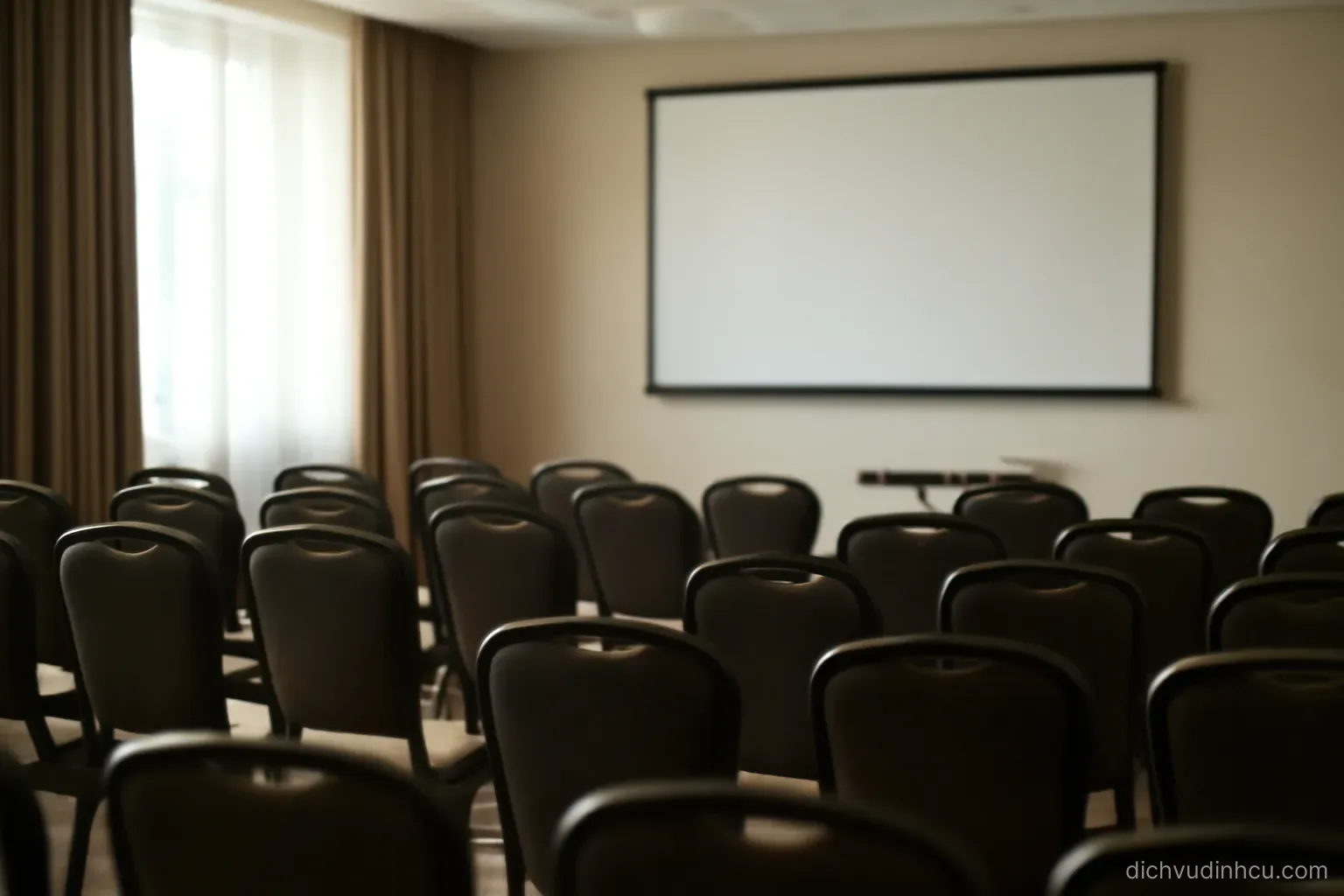 a conference room set up with rows of empty chairs facing a blank projection screen and a small table
