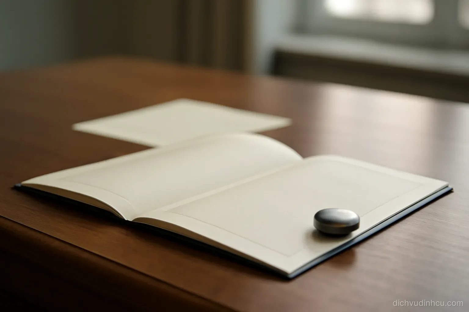 an official looking document lying open on a wide desk with a paperweight holding down one corner