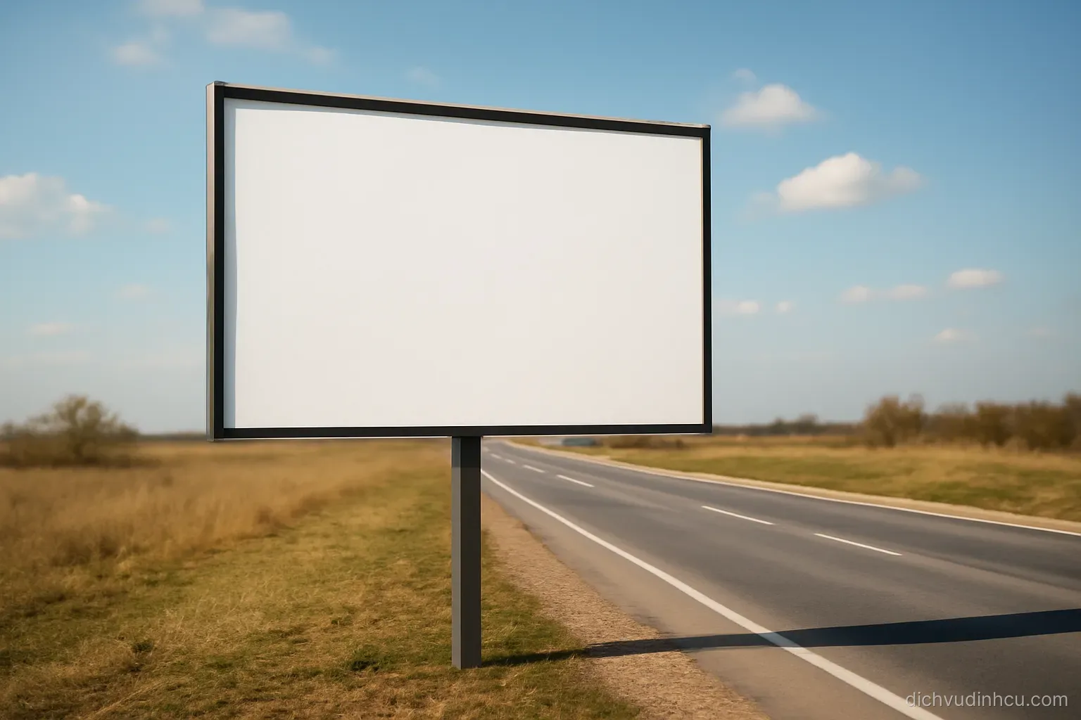 a blank billboard frame standing beside a road with open sky behind it and no text on the surface