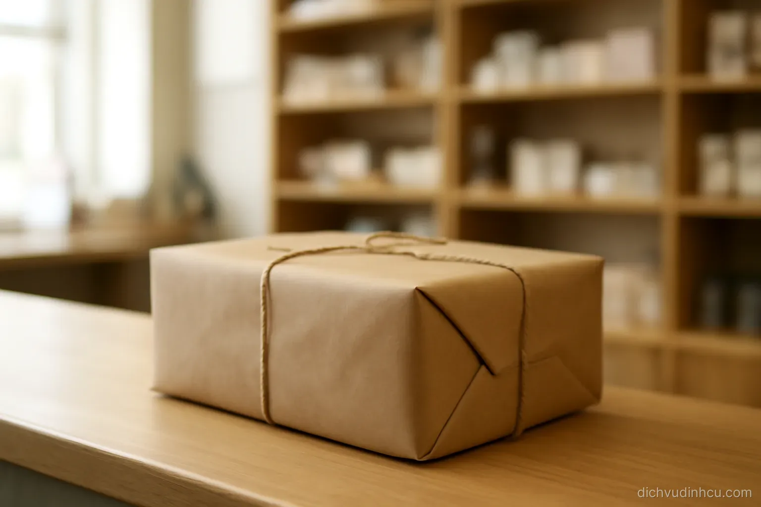 a single large parcel wrapped in plain paper sitting alone on a shop counter with shelves behind