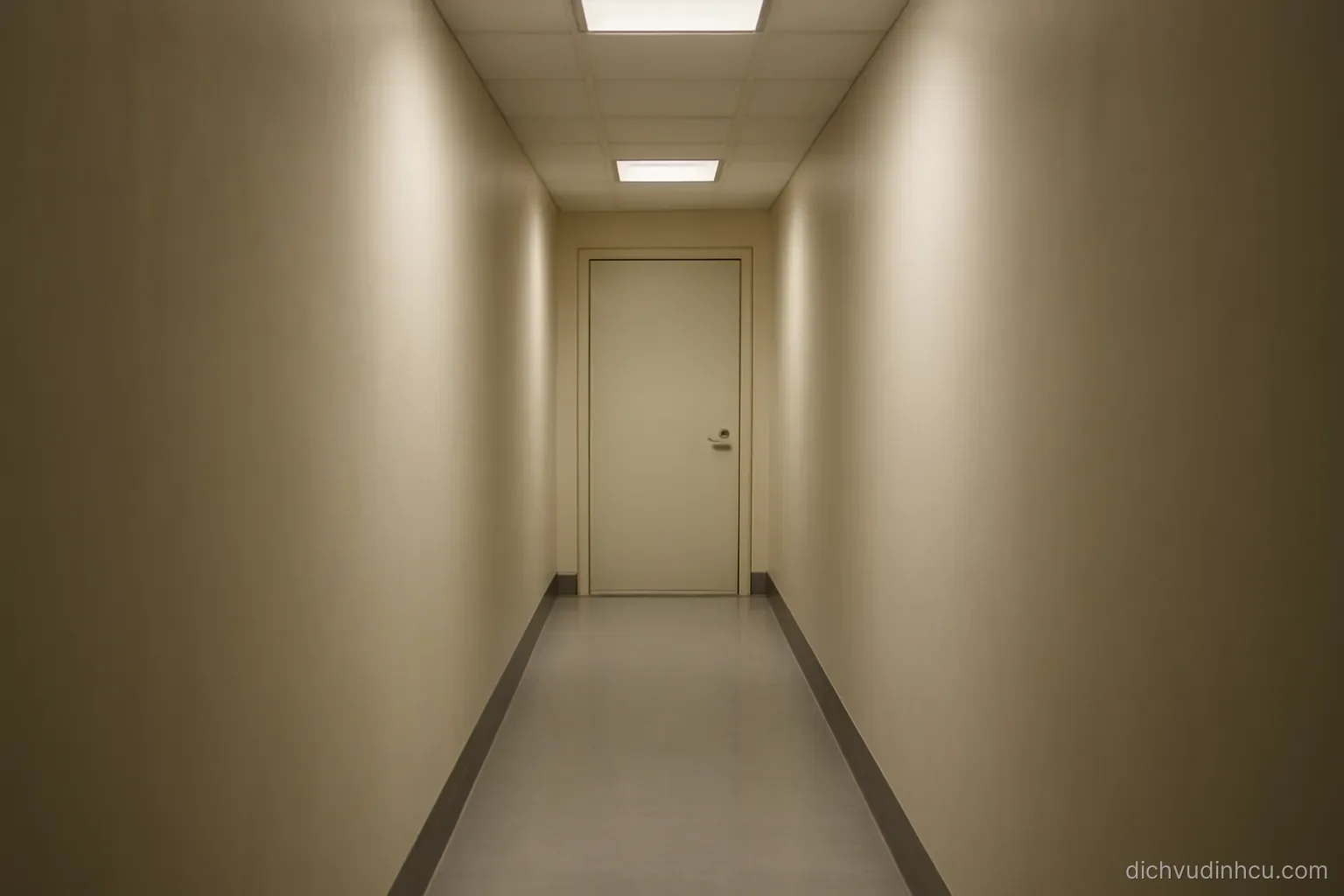 a narrow corridor that visibly tapers toward a doorway at the far end under even ceiling lighting